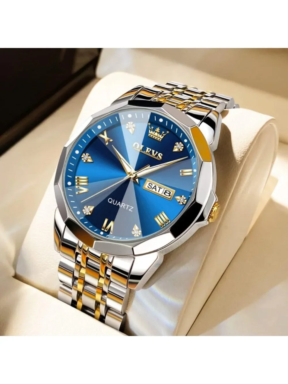 Men's Silver And Blue Diamond Stainless Steel Analog Quartz Waterproof Watch